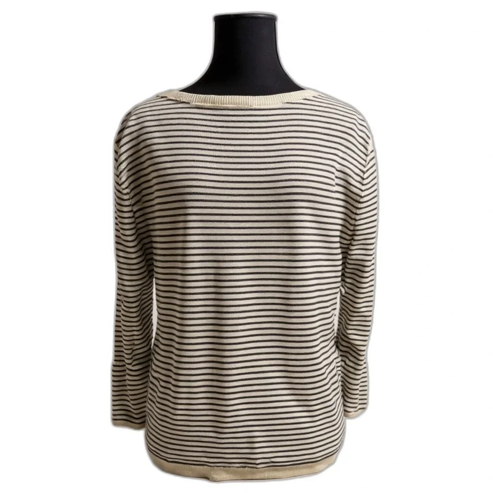 Talbots Sweater Ivory Black Striped Floral Embroidered Beaded Ruffle Cuff M‎